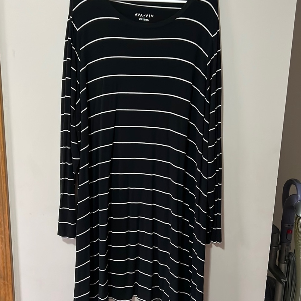 Black and white striped long sleeve black dress